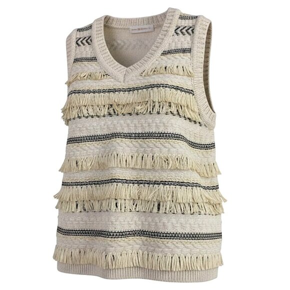 Tory Burch Cream Tiered Fringe Striped Jacquard V-Neck Cable Knit Sweater Vest - Picture 3 of 5